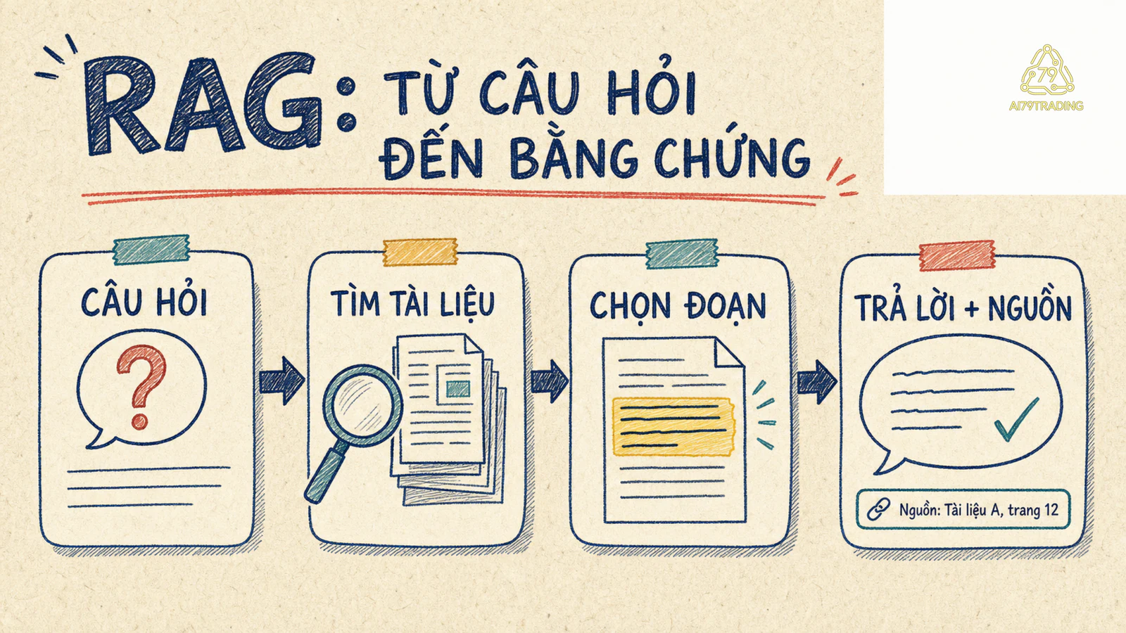 Luồng RAG từ câu hỏi qua tìm tài liệu, chọn đoạn đến câu trả lời có nguồn.