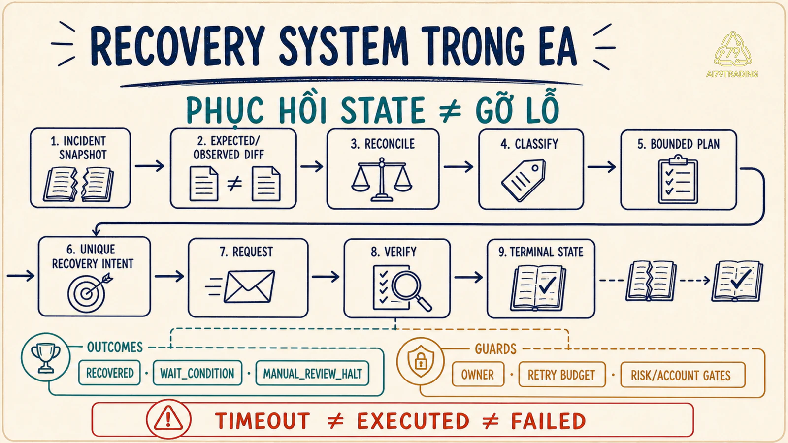 Sơ đồ Recovery Controller từ ảnh sự cố qua đối chiếu và kế hoạch hữu hạn đến trạng thái kết thúc