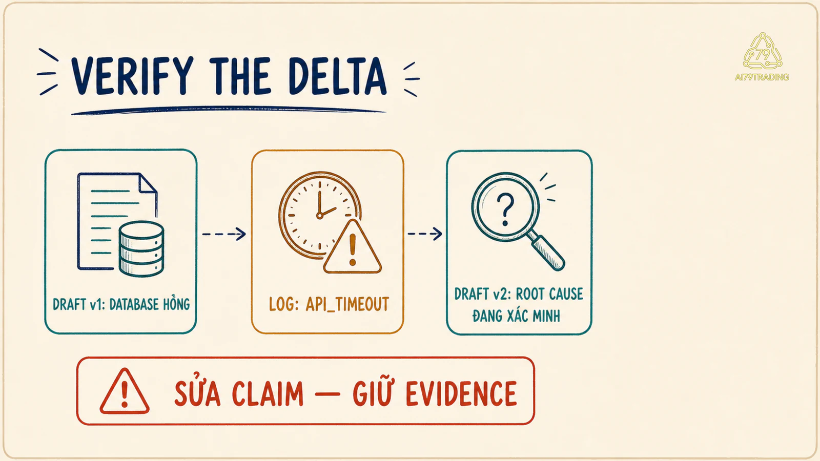 Draft v1 khẳng định database hỏng, log chỉ có API timeout, Draft v2 giữ root cause chưa xác minh