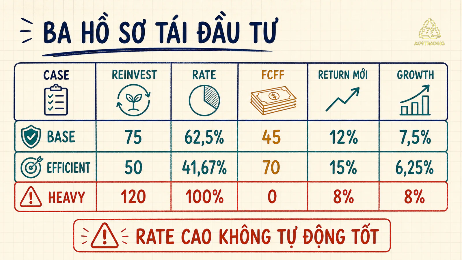 Ba case đối chiếu reinvestment rate, FCFF, return vốn mới và expected growth