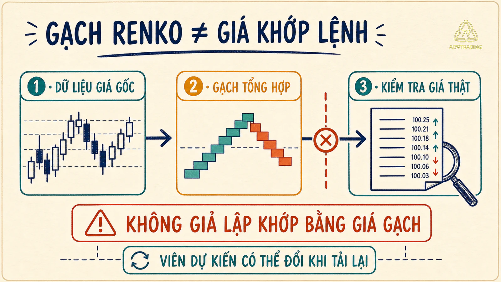 Phân biệt dữ liệu giá gốc, gạch Renko tổng hợp và kiểm tra giá thực thi