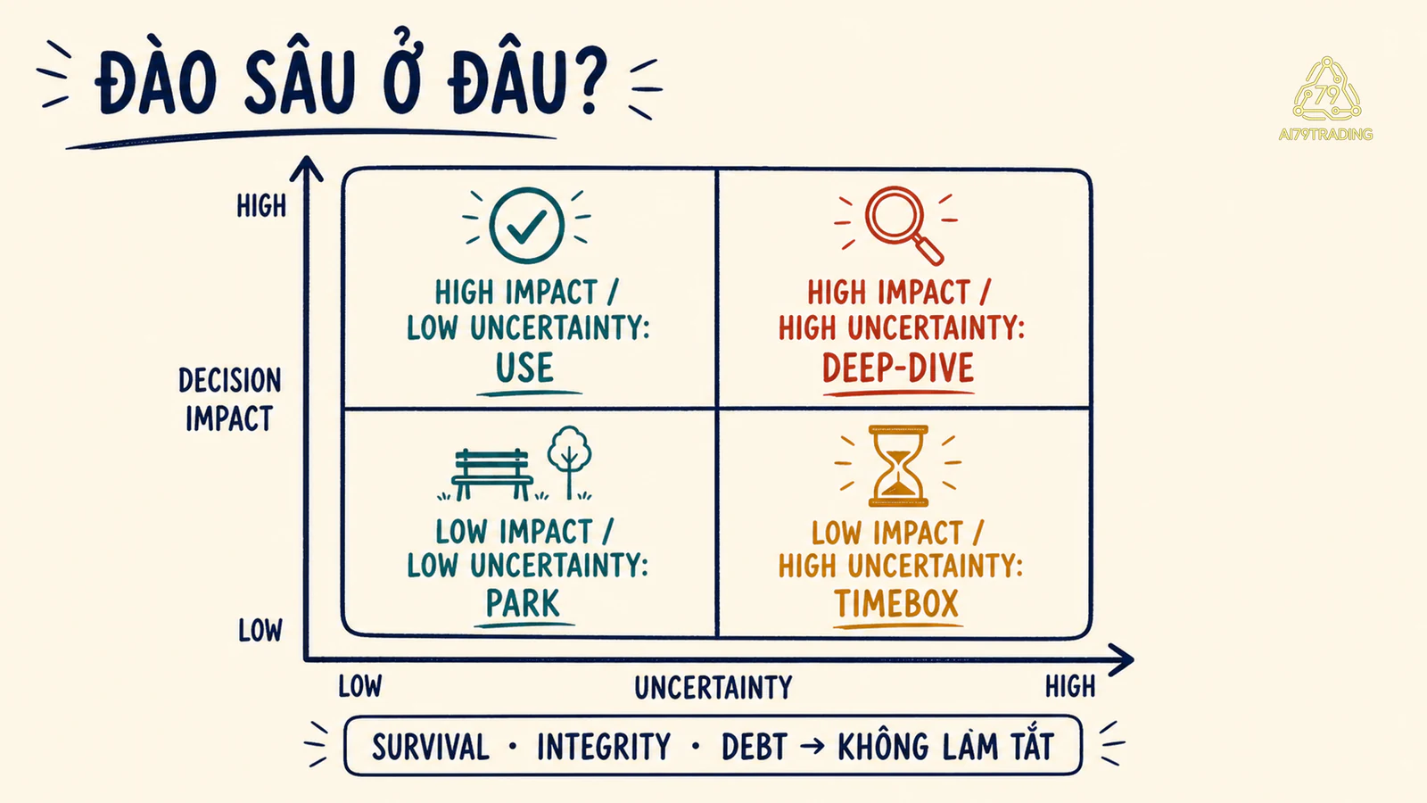 Ma trận decision impact và uncertainty để chọn stop hay deepen
