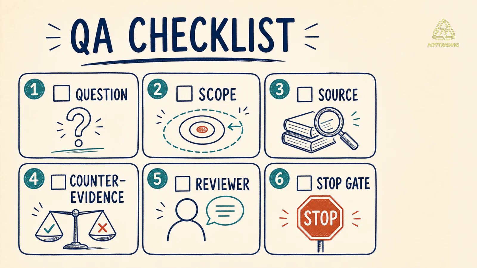 Checklist QA gồm question, source, counter-evidence, reviewer và stop gate
