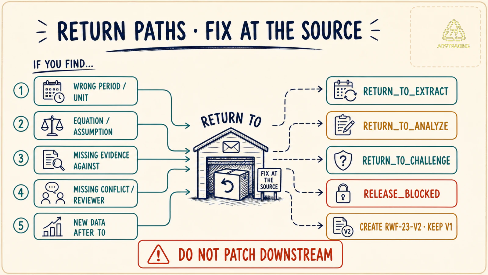 Return paths đưa lỗi period, equation, challenge và conflict về đúng stage, còn dữ liệu mới tạo V2