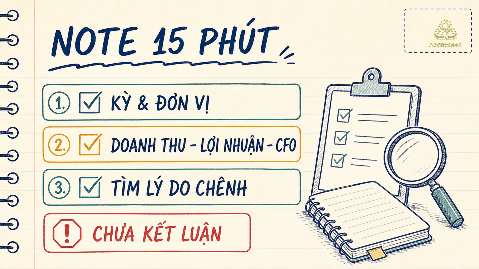 Checklist ba bước gồm kỳ và đơn vị, ba chỉ tiêu, rồi lý do chênh lệch