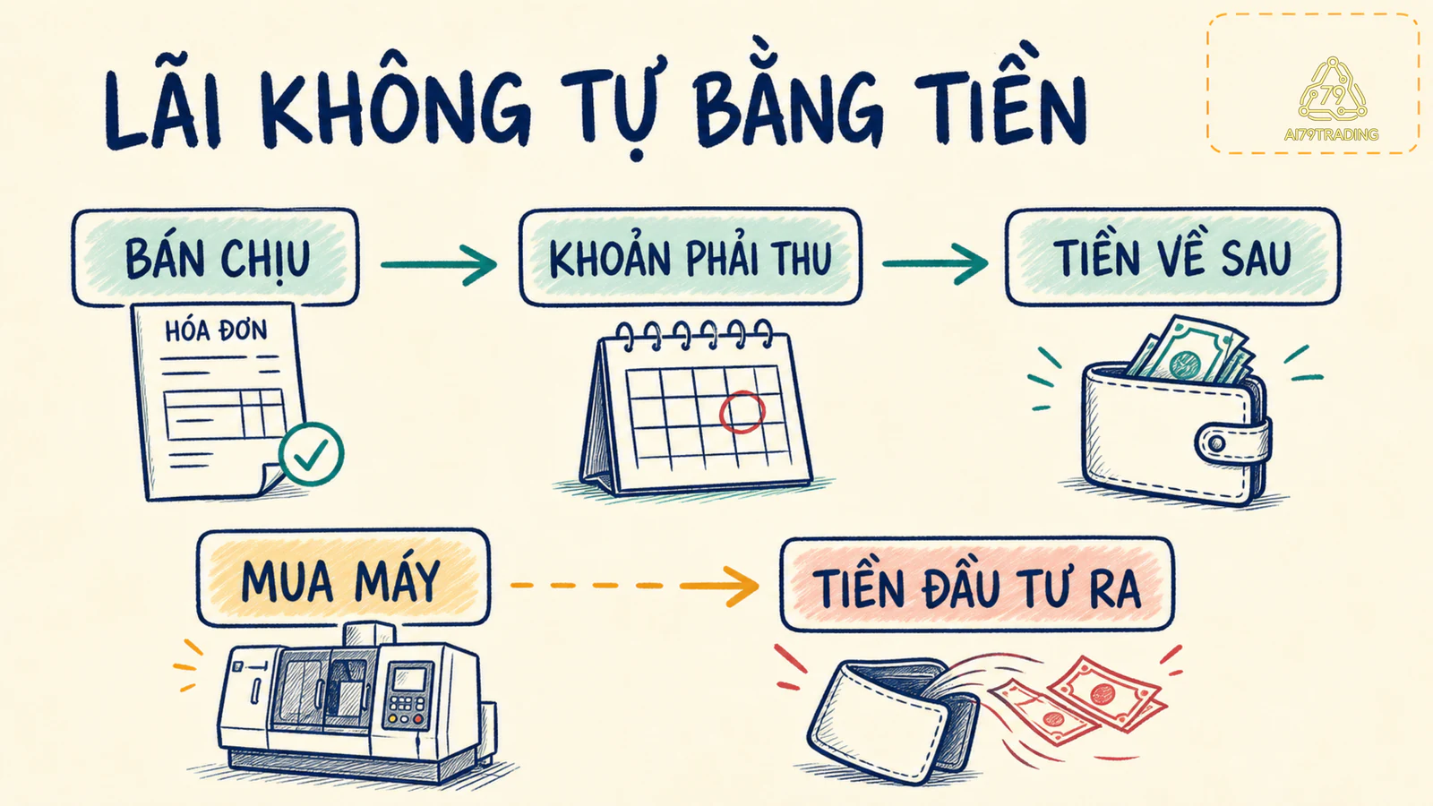 Đường bán chịu thành khoản phải thu và nhánh mua máy làm tiền đầu tư đi ra
