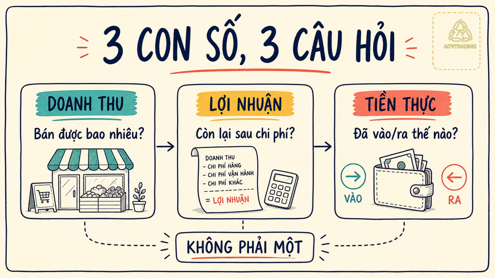 Ba khối doanh thu, lợi nhuận và tiền thực với câu hỏi riêng dưới mỗi khối