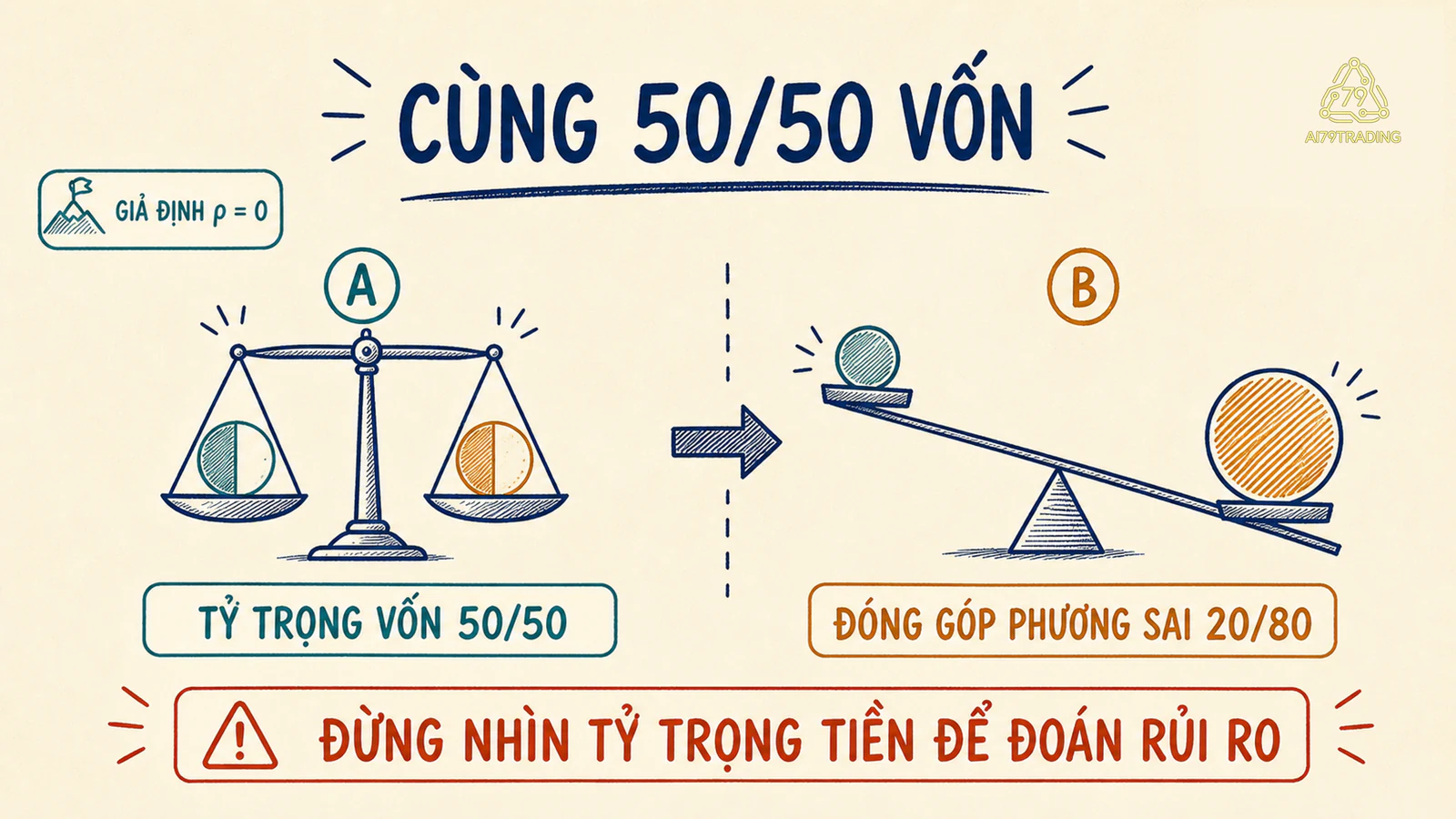 Hai nửa vốn bằng nhau tạo tỷ trọng đóng góp vào phương sai 20 và 80 phần trăm dưới giả định tương quan bằng không