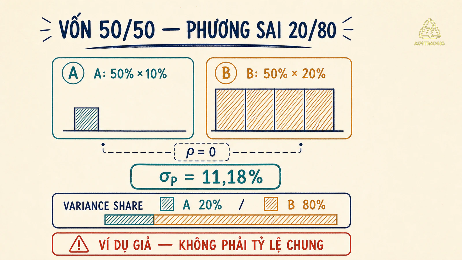 Phép tính hai tài sản cho volatility danh mục 11 phẩy 18 phần trăm và tỷ trọng phương sai 20 trên 80