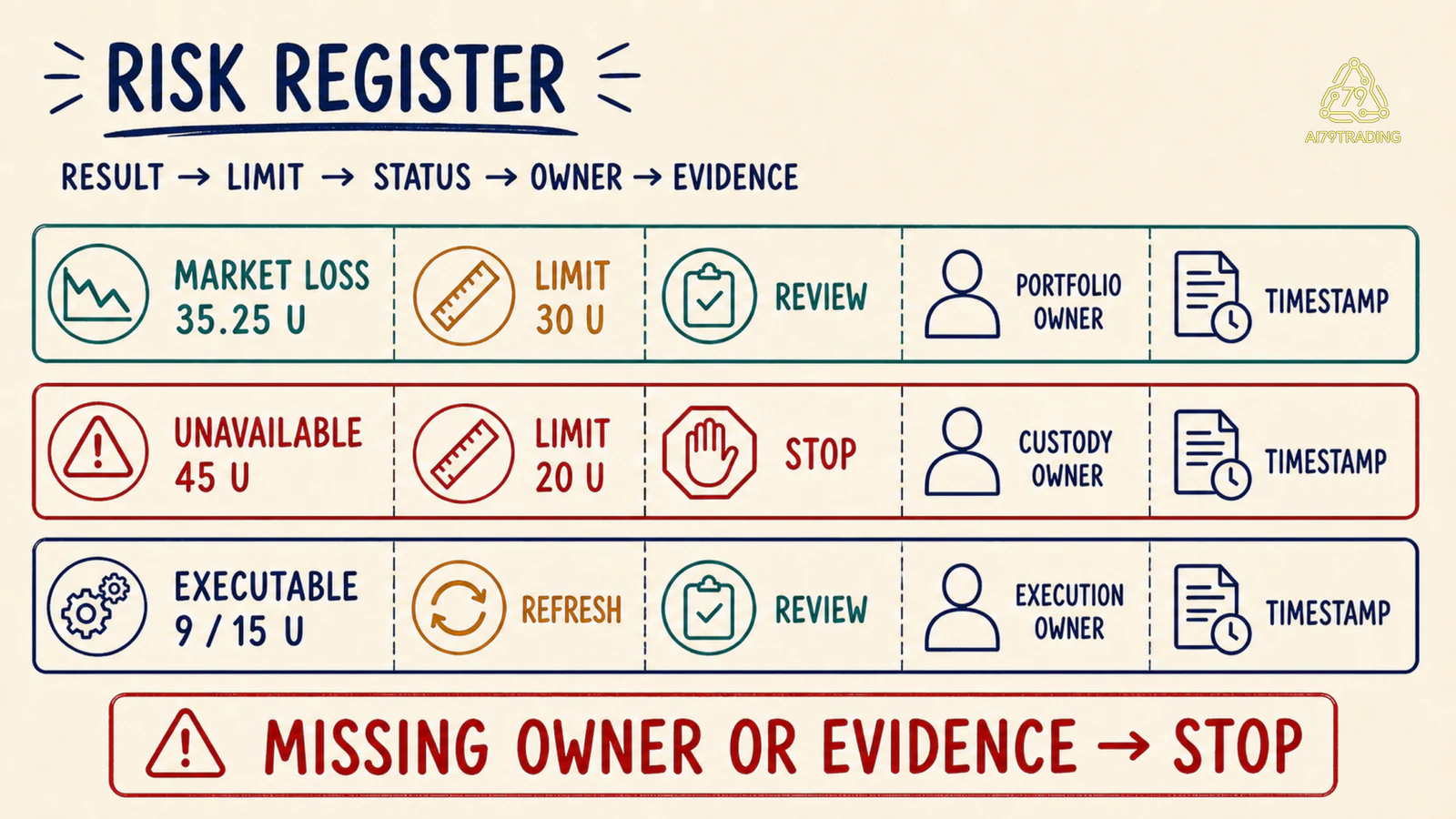 Risk Register RISK-100 với result limit status owner và evidence