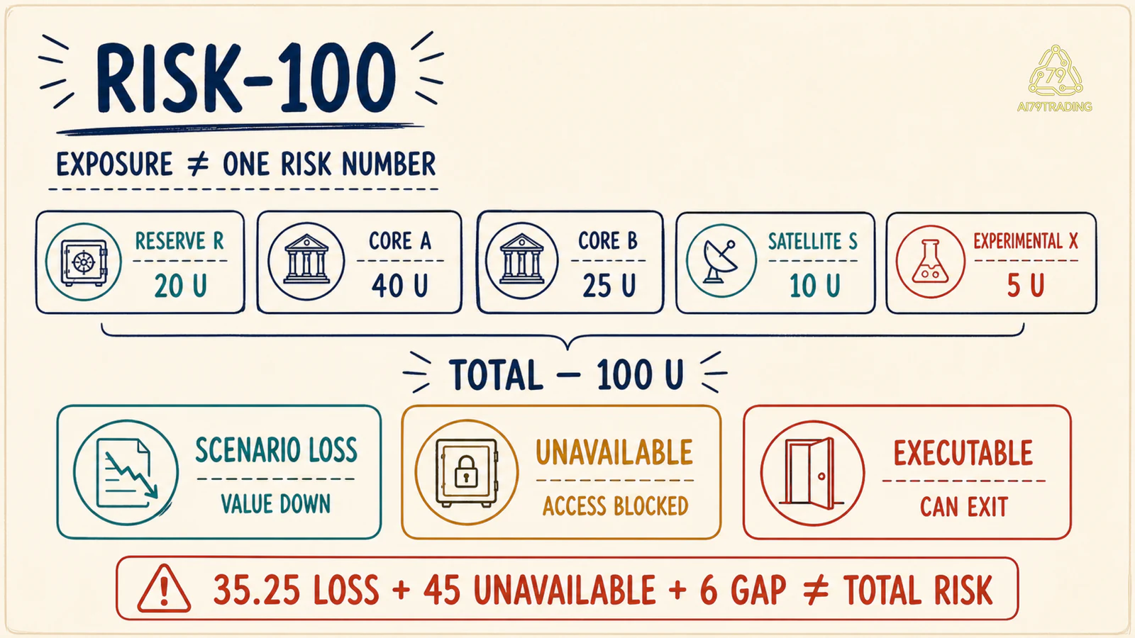Bảng RISK-100 gồm năm exposure và ba metric loss unavailable executable