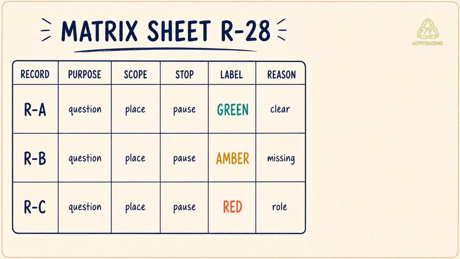Worksheet R-28 có các cột record purpose scope stop label reason cùng ba hàng R-A R-B R-C