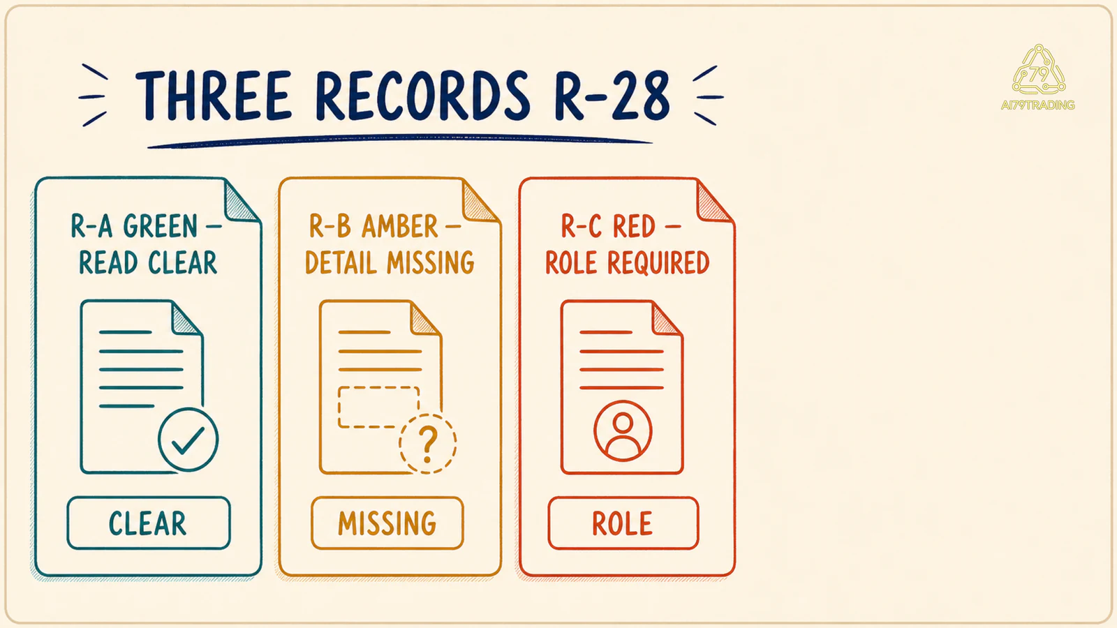 Ba record R-A R-B R-C với Green Read Clear Amber Detail Missing và Red Role Required