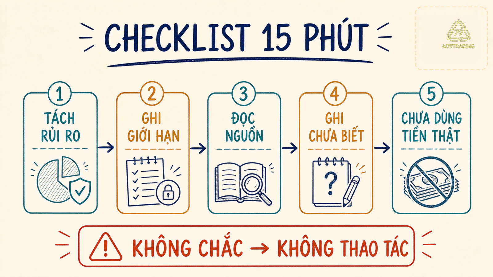 Checklist năm bước quản trị rủi ro crypto với cảnh báo chưa dùng tiền thật