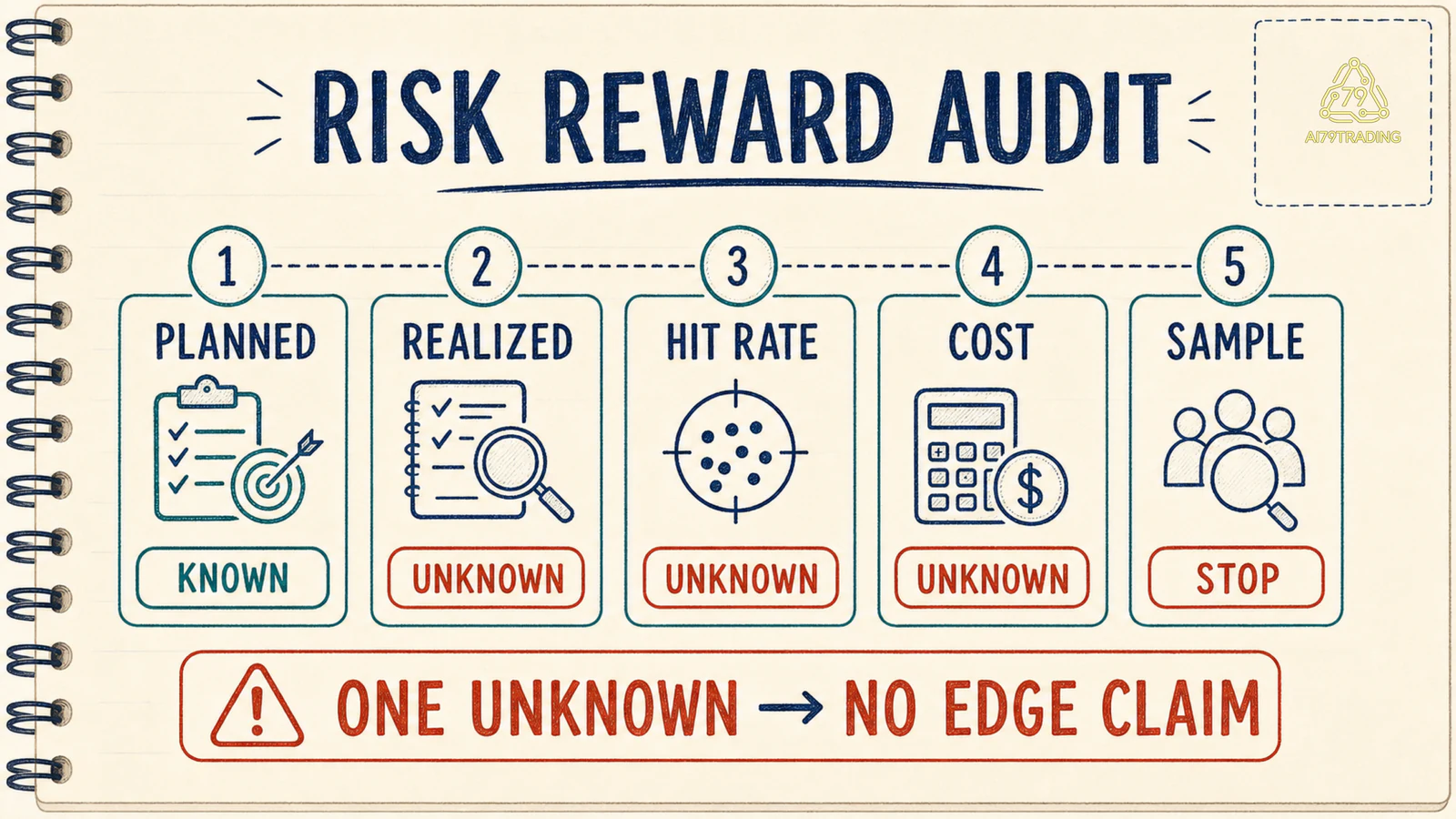 Risk Reward Audit Card kiểm planned, realized, hit rate, cost và sample
