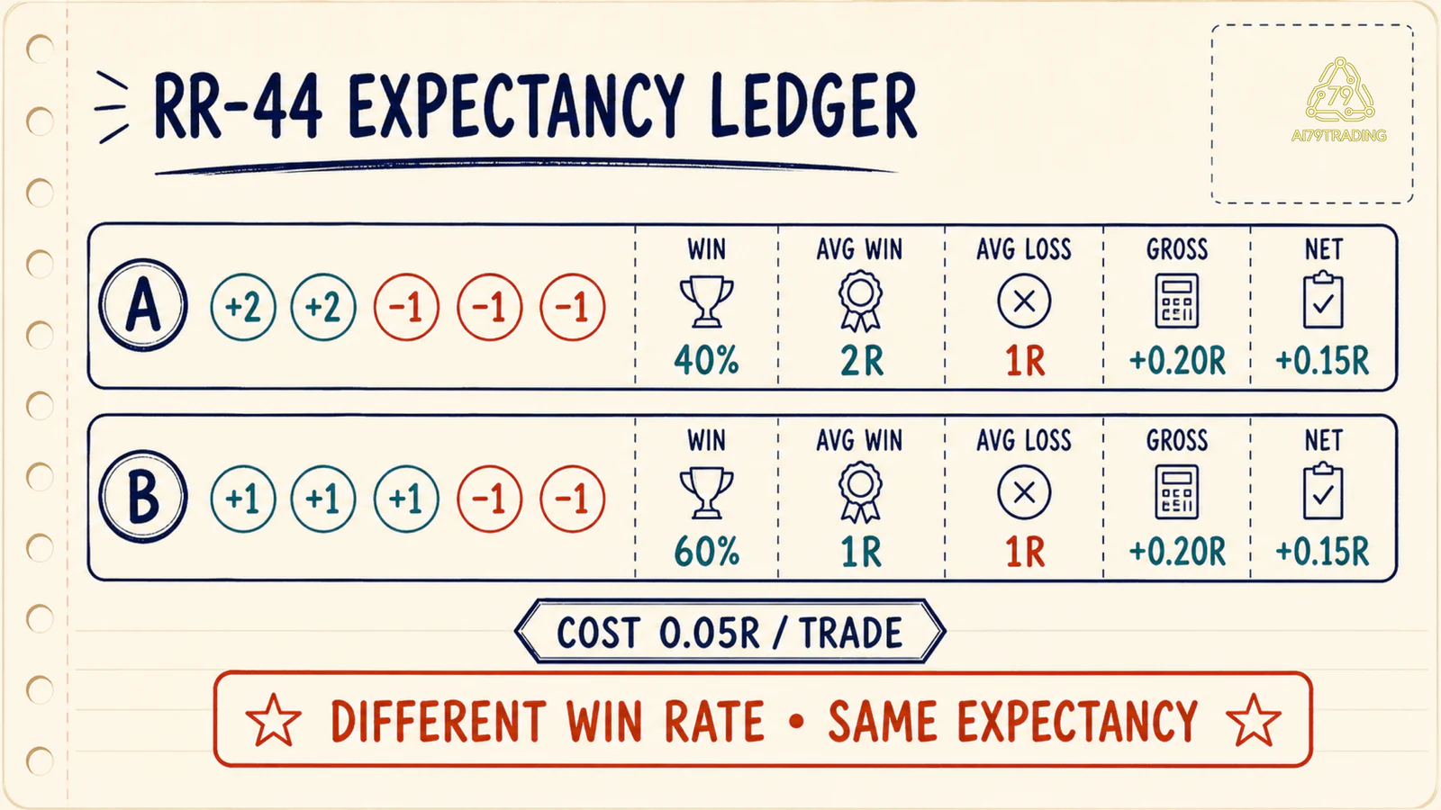 Ledger RR-44 so hai sample khác hit rate nhưng cùng expectancy