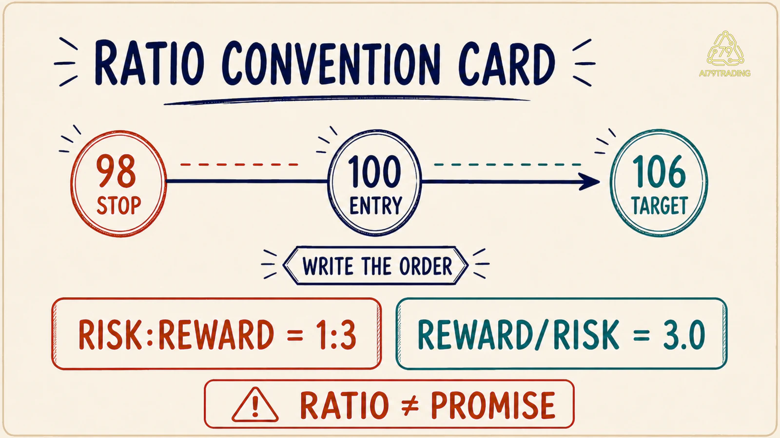 Ratio Convention Card cho LONG-01 gồm stop 98, entry 100, target 106, Risk:Reward 1:3 và Reward/Risk 3.0