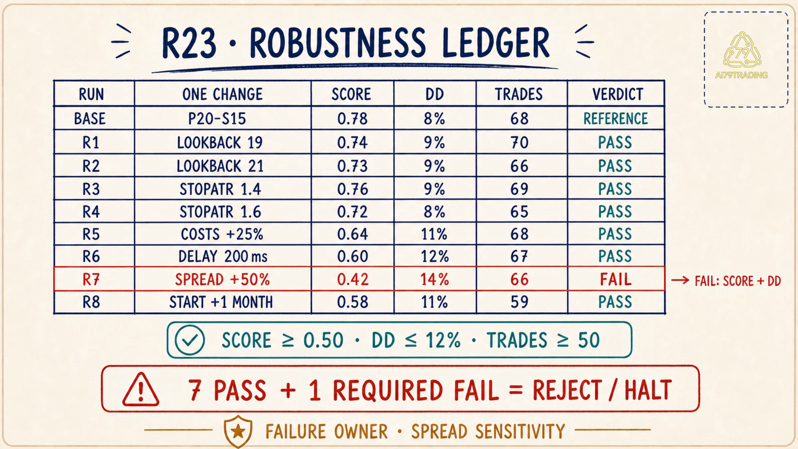 Ledger R23 với spread stress R7 fail và aggregate reject halt
