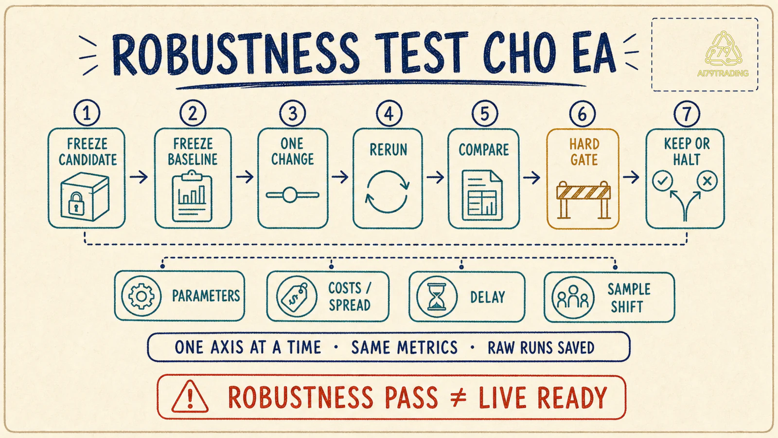Sơ đồ robustness test từ freeze candidate đến keep hoặc halt