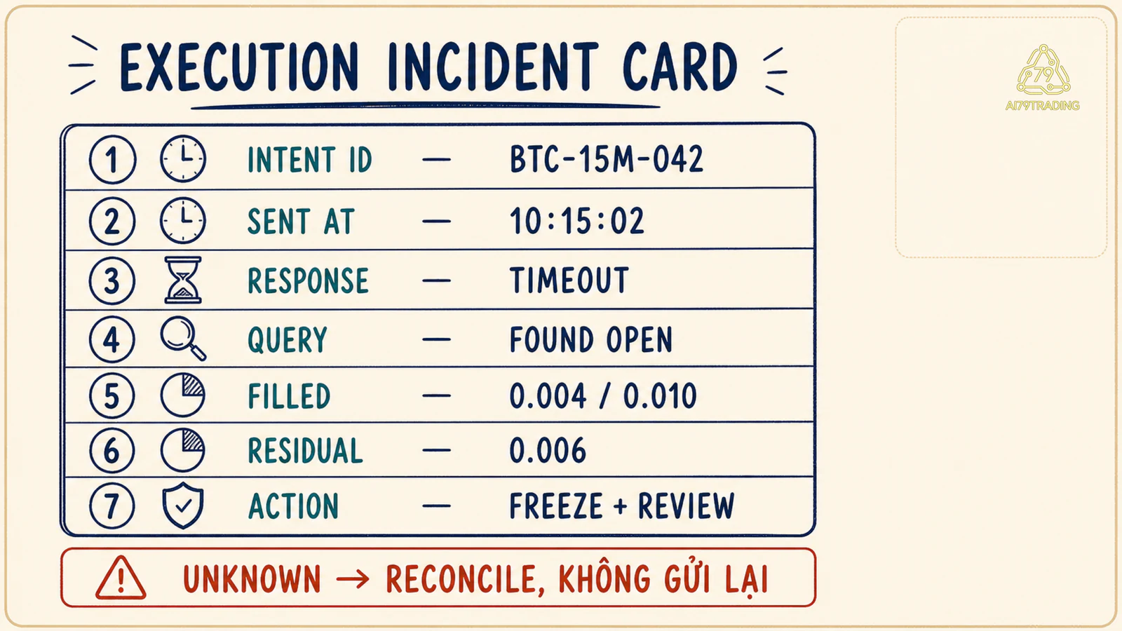 Execution Incident Card mẫu cho timeout và partial fill