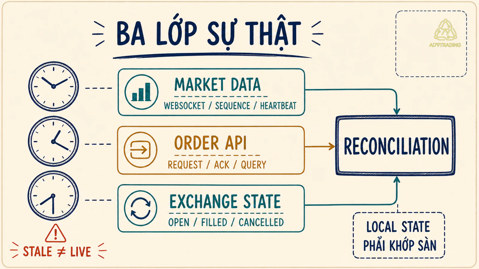 Ba lớp market data, order API và exchange state cần reconciliation