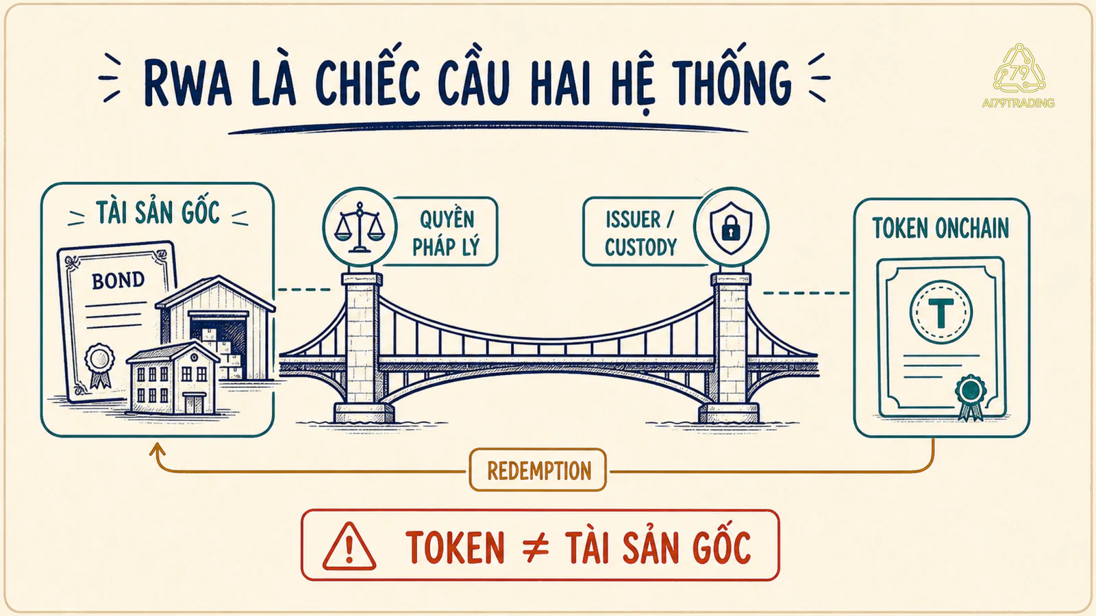 RWA nối tài sản gốc, quyền pháp lý, issuer, token và redemption