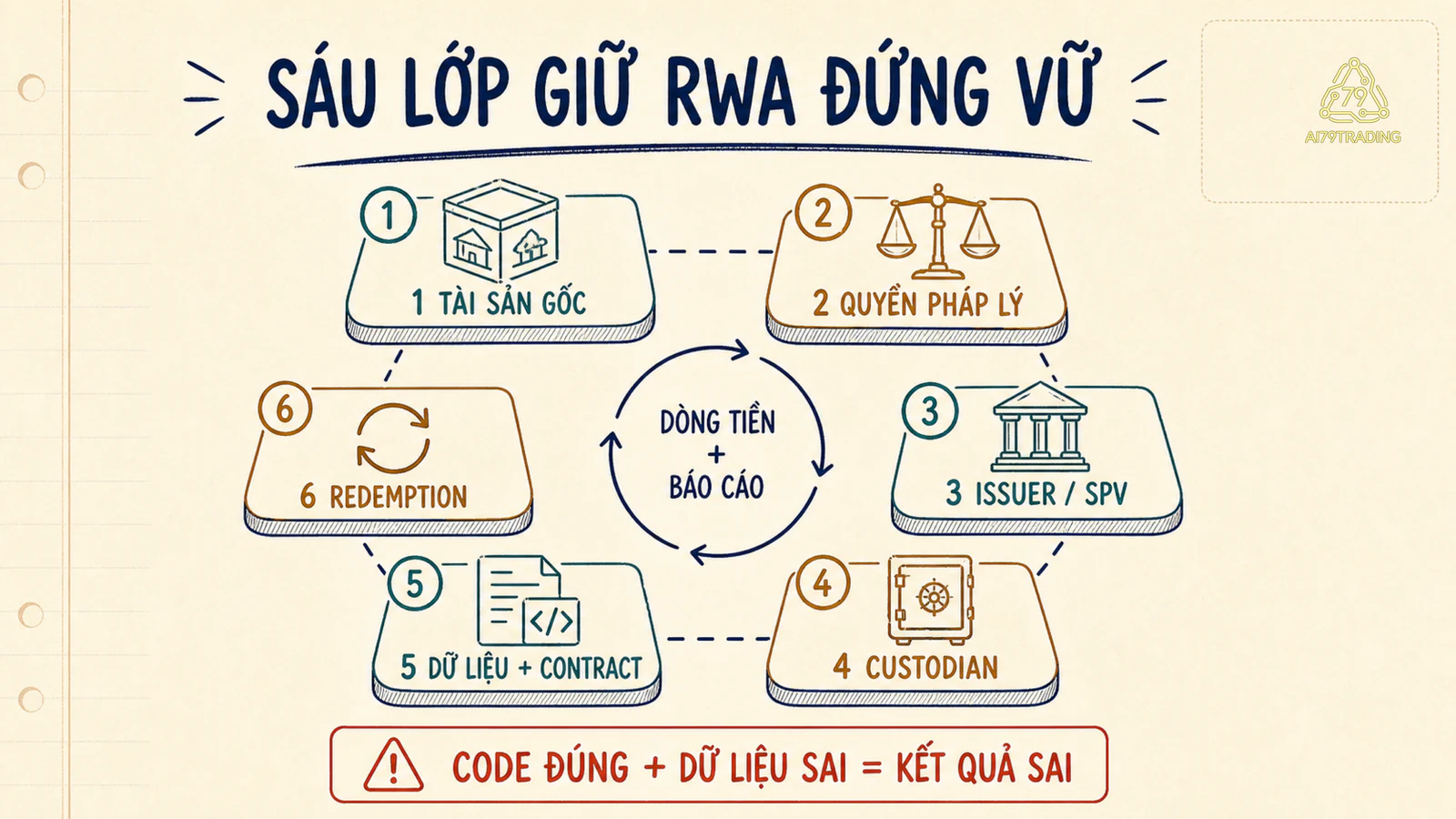 Sáu lớp RWA từ tài sản và quyền pháp lý tới issuer, custodian, dữ liệu, token và redemption