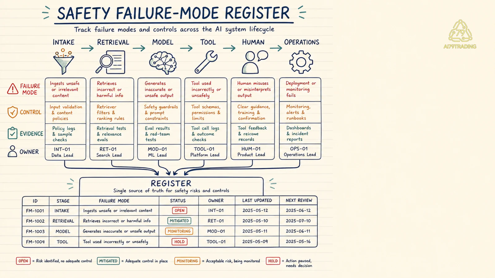 Safety failure-mode register nối system flow với control owner evidence và review