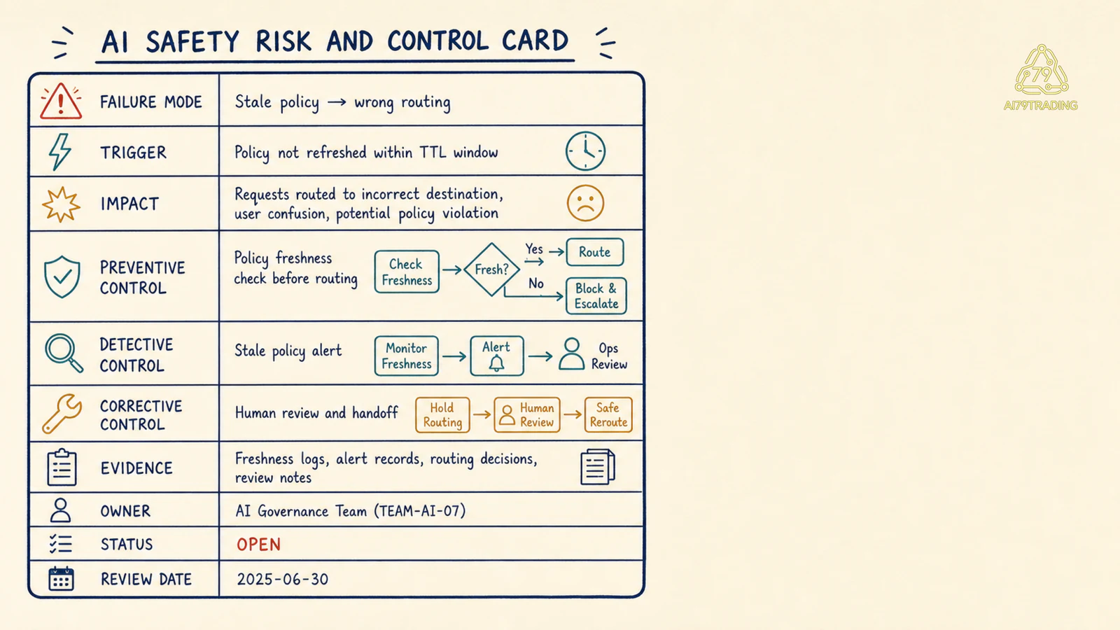 Risk/control card với failure, impact, preventive/detective/corrective control và evidence