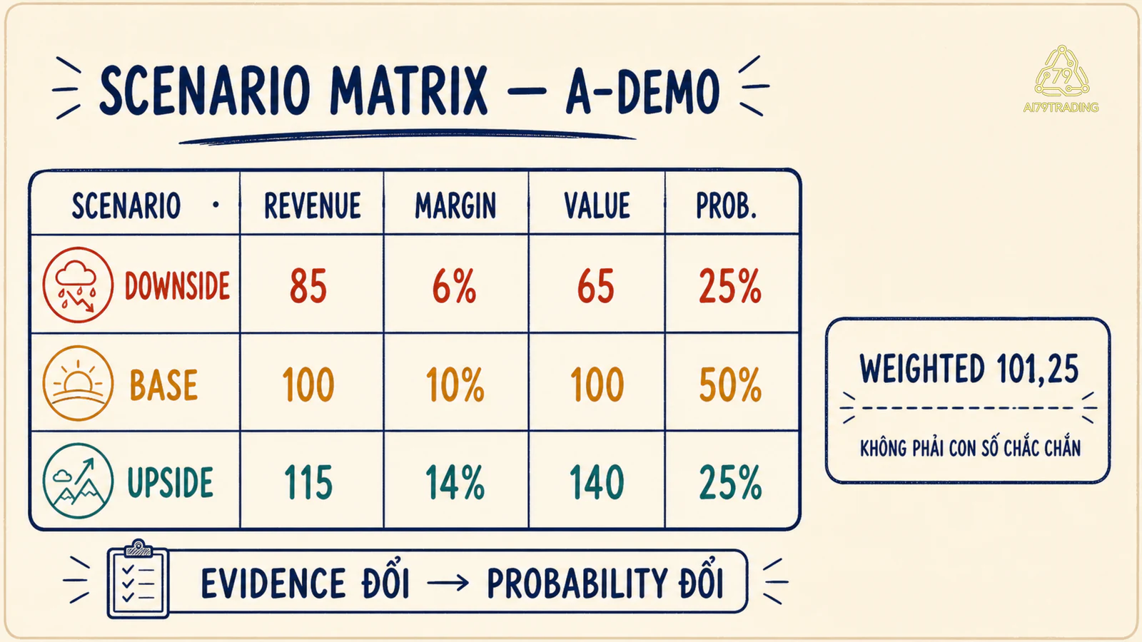 Ma trận A-demo đã điền cùng cảnh báo weighted value không phải con số chắc chắn
