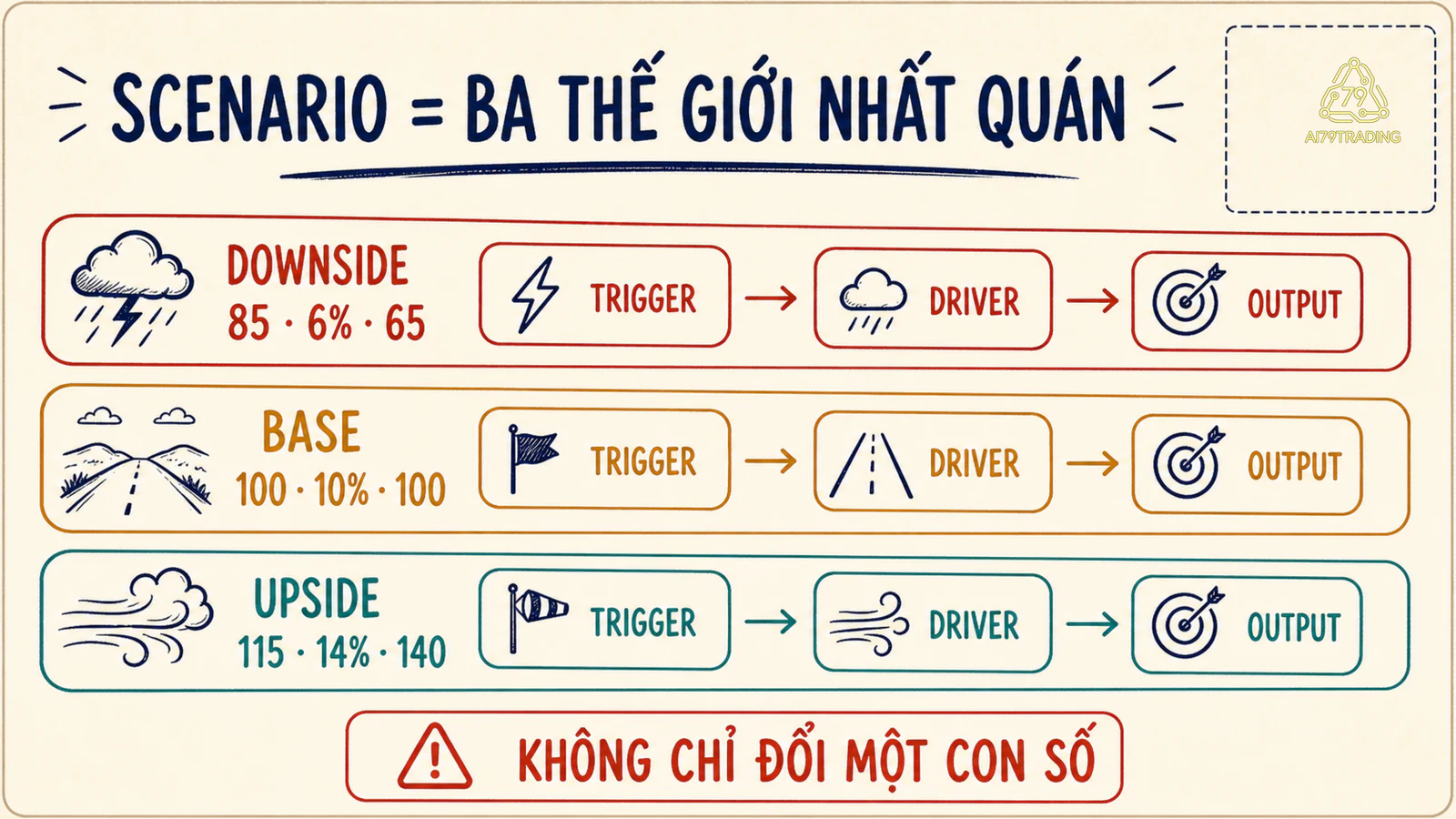 Ba thế giới downside, base và upside cùng đi qua trigger, driver rồi output