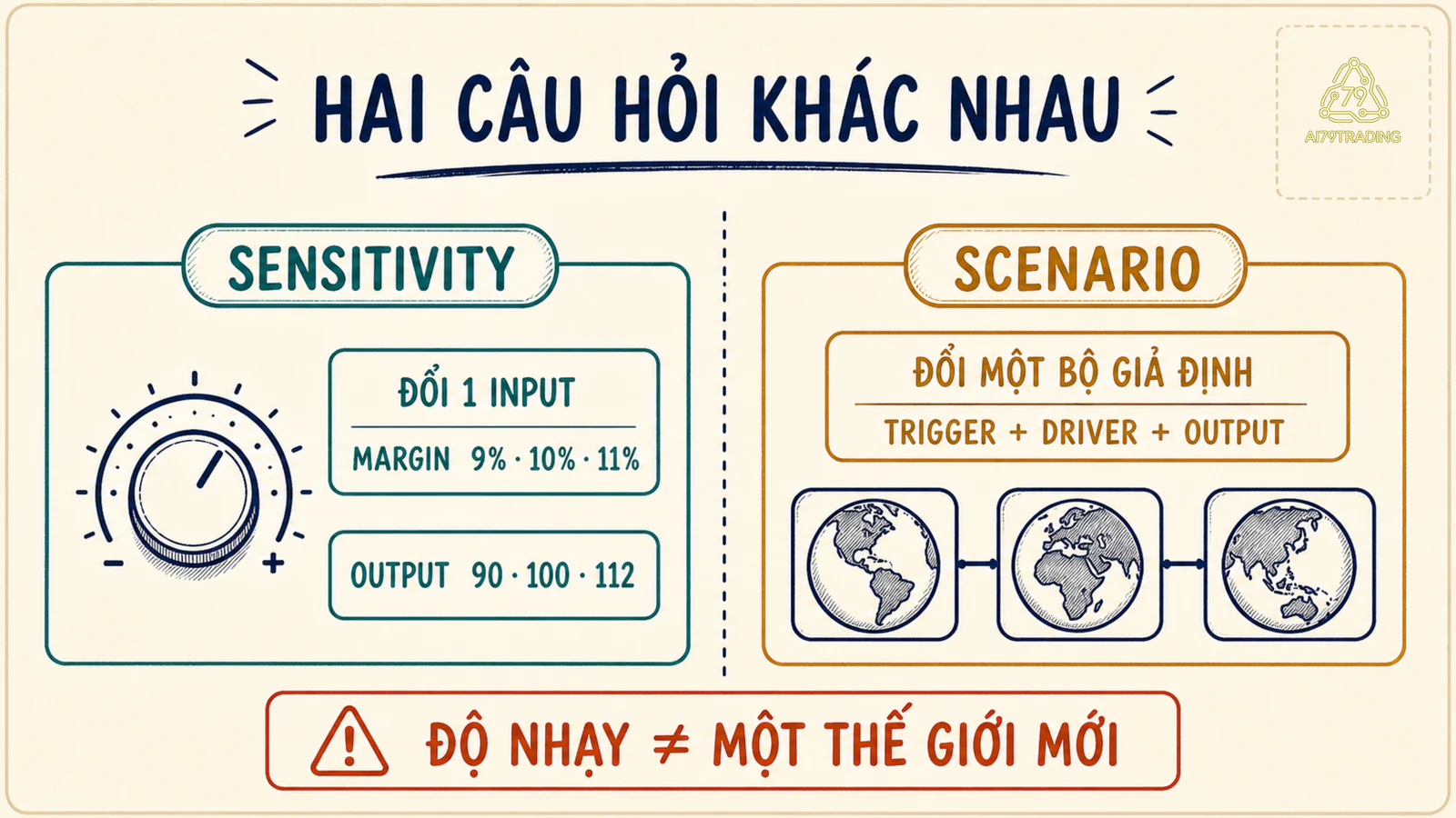 Scenario đổi một bộ giả định còn sensitivity chỉ đo độ nhạy của một input