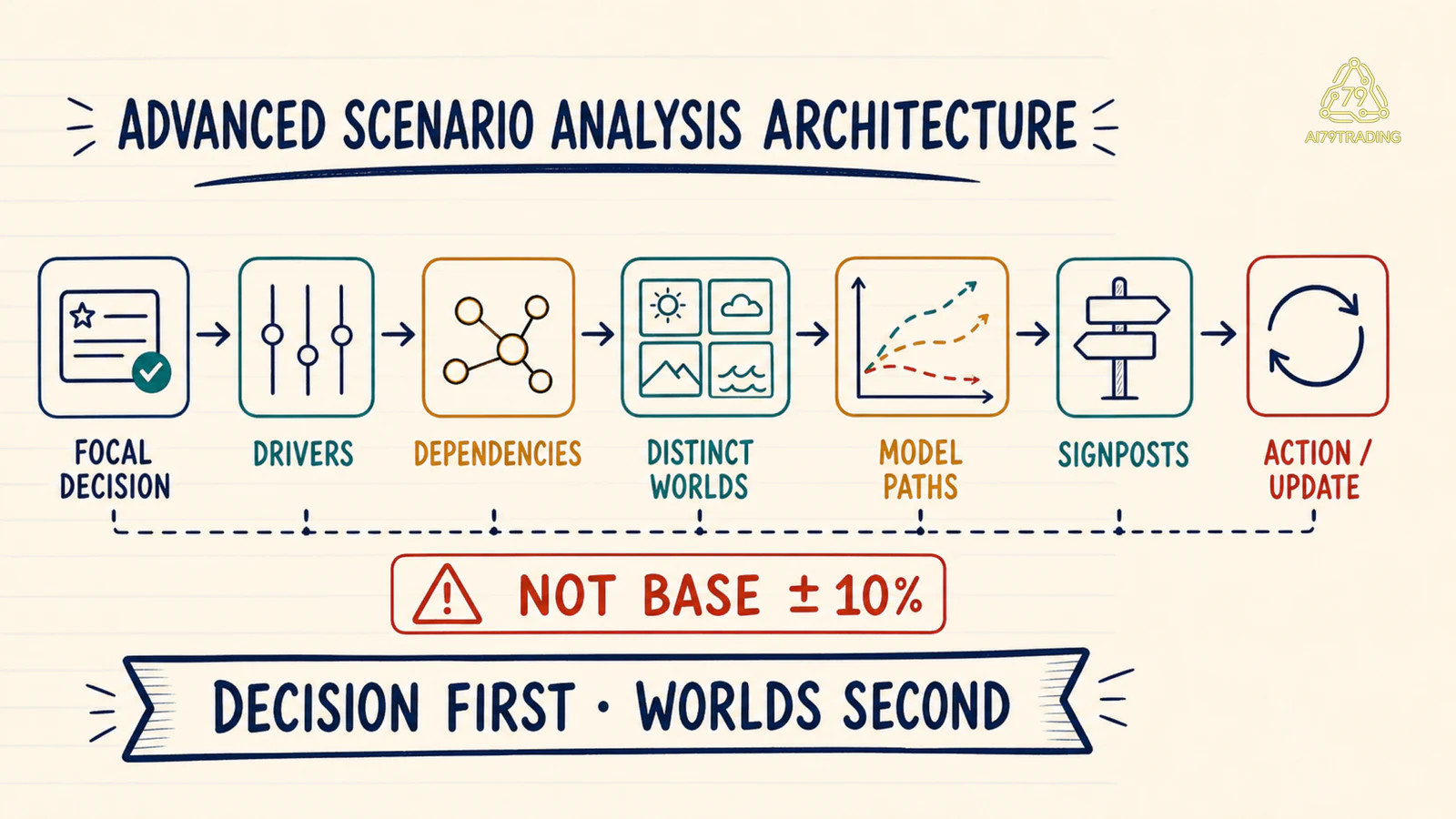 Kiến trúc Scenario Analysis nâng cao từ focal decision qua drivers, dependencies, worlds, model paths và signposts tới action