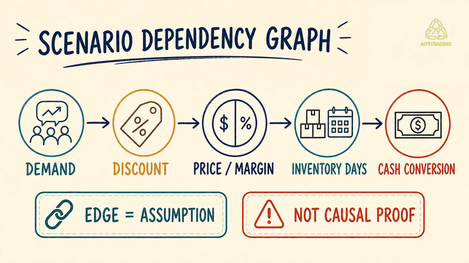 Sơ đồ dependency từ demand qua discount, price và margin tới inventory và cash