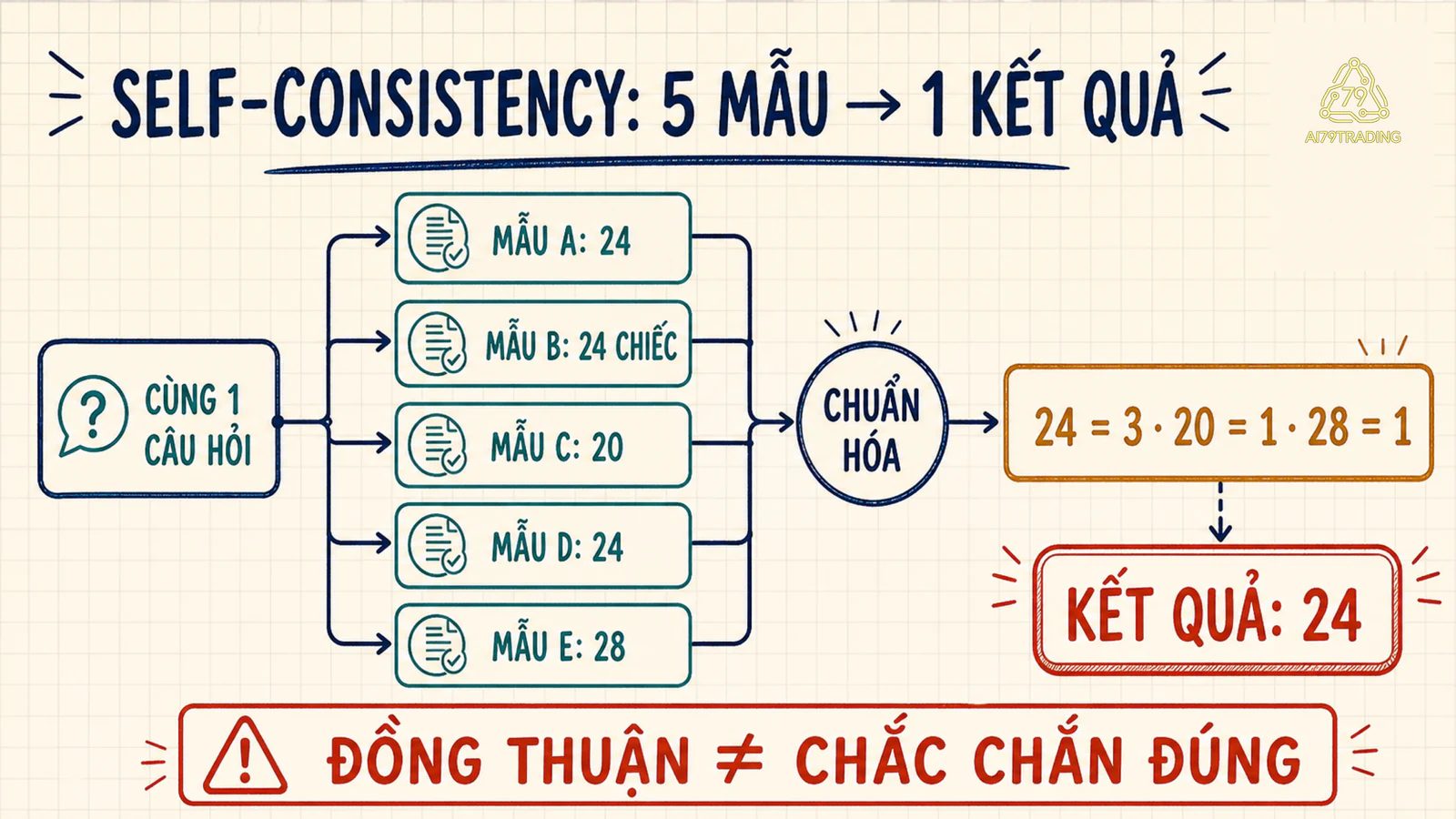 Sơ đồ Self-Consistency gom năm output thành ba nhãn rồi chọn đáp án 24 với ba phiếu