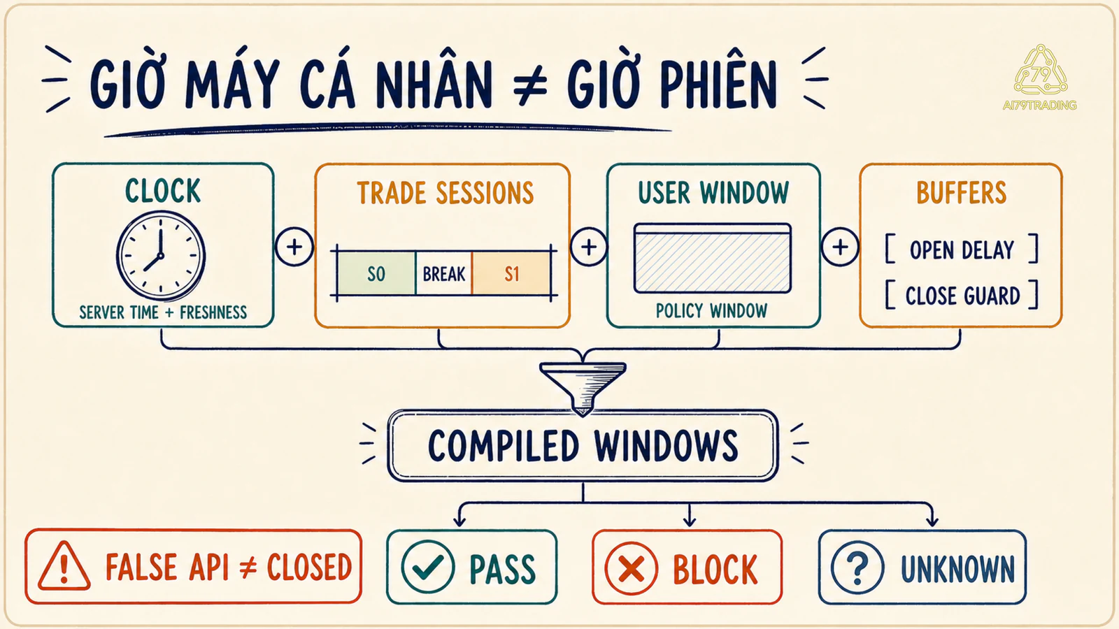 Sơ đồ Session Engine ghép clock trade sessions user window và buffers thành quyết định