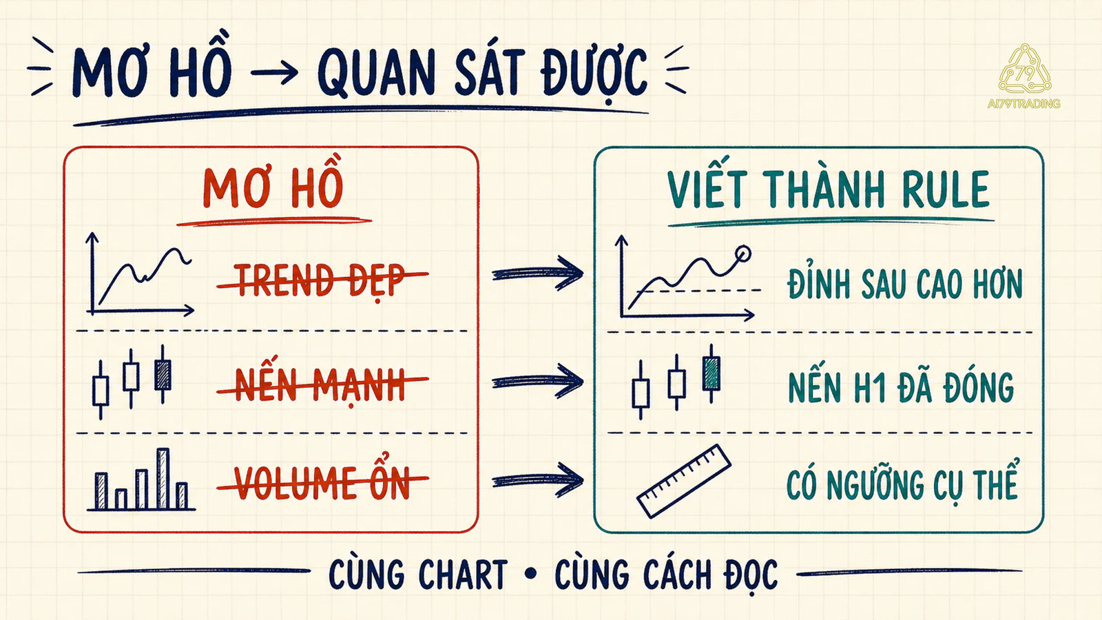 Bảng đối chiếu tiêu chí setup mơ hồ với câu điều kiện quan sát được trên cùng một biểu đồ giả định