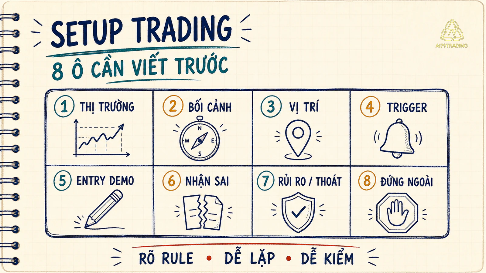 Thẻ Setup Trading có tám ô nối từ thị trường, bối cảnh, vị trí và trigger tới entry demo, chỗ nhận sai, rủi ro và điều kiện đứng ngoài