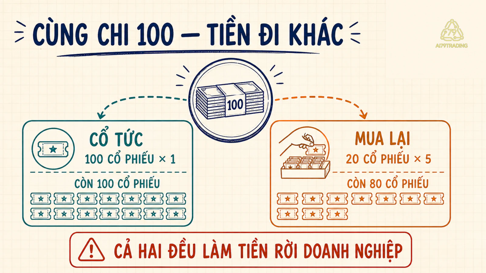 Một trăm tiền được phân phối qua cổ tức cho mọi cổ phiếu hoặc qua buyback cho người bán
