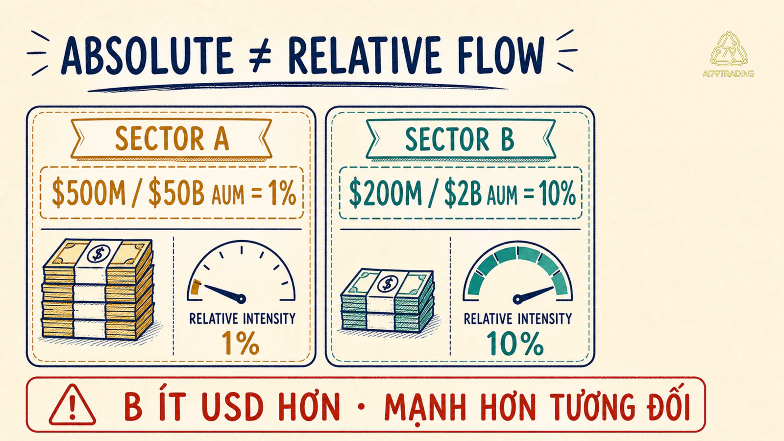 So sánh absolute flow và relative flow giữa Sector A và Sector B