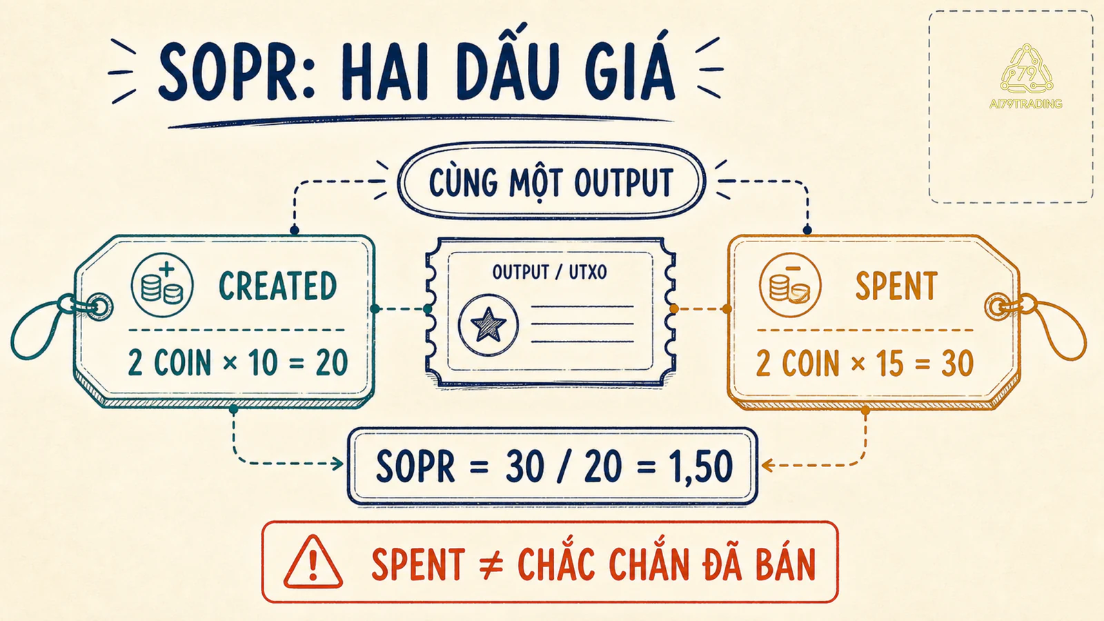 Sơ đồ một spent output có giá trị lúc tạo và lúc dùng để tính SOPR