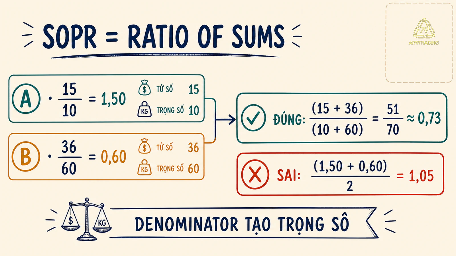 Hai output có trọng số khác nhau được cộng thành SOPR 51 chia 70 thay vì lấy average 1 phẩy 05