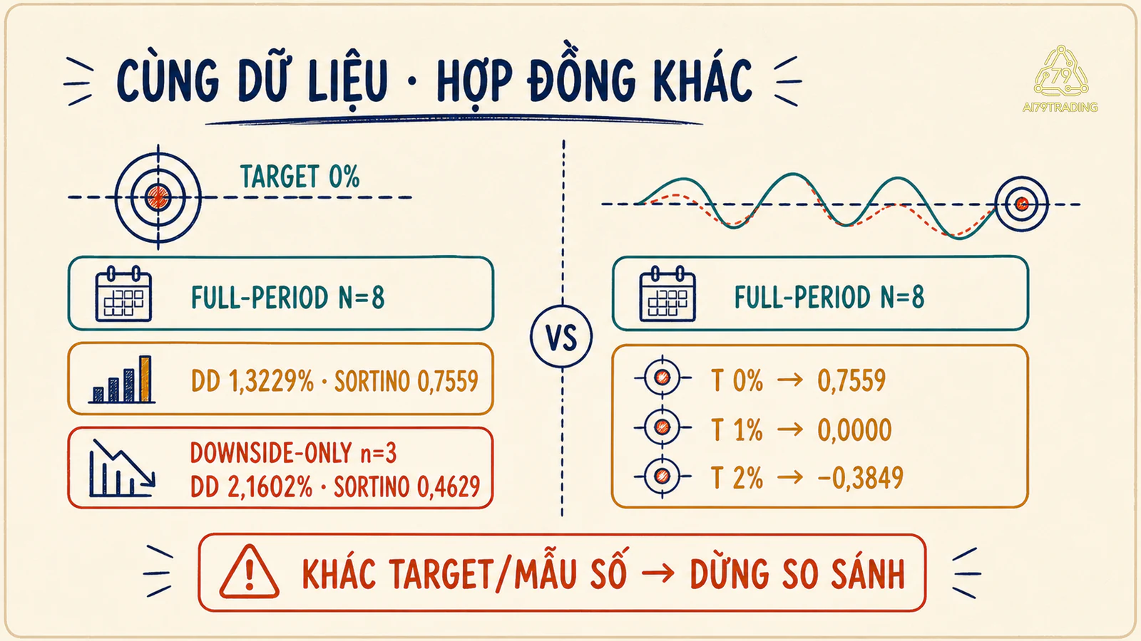 Hai quy ước mẫu số và ba target tạo các Sortino khác nhau từ cùng chuỗi C47-A