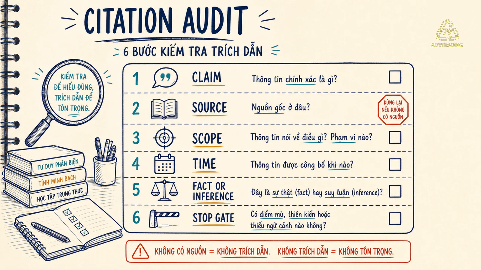 Checklist citation audit gồm claim, source, scope, time và stop gate