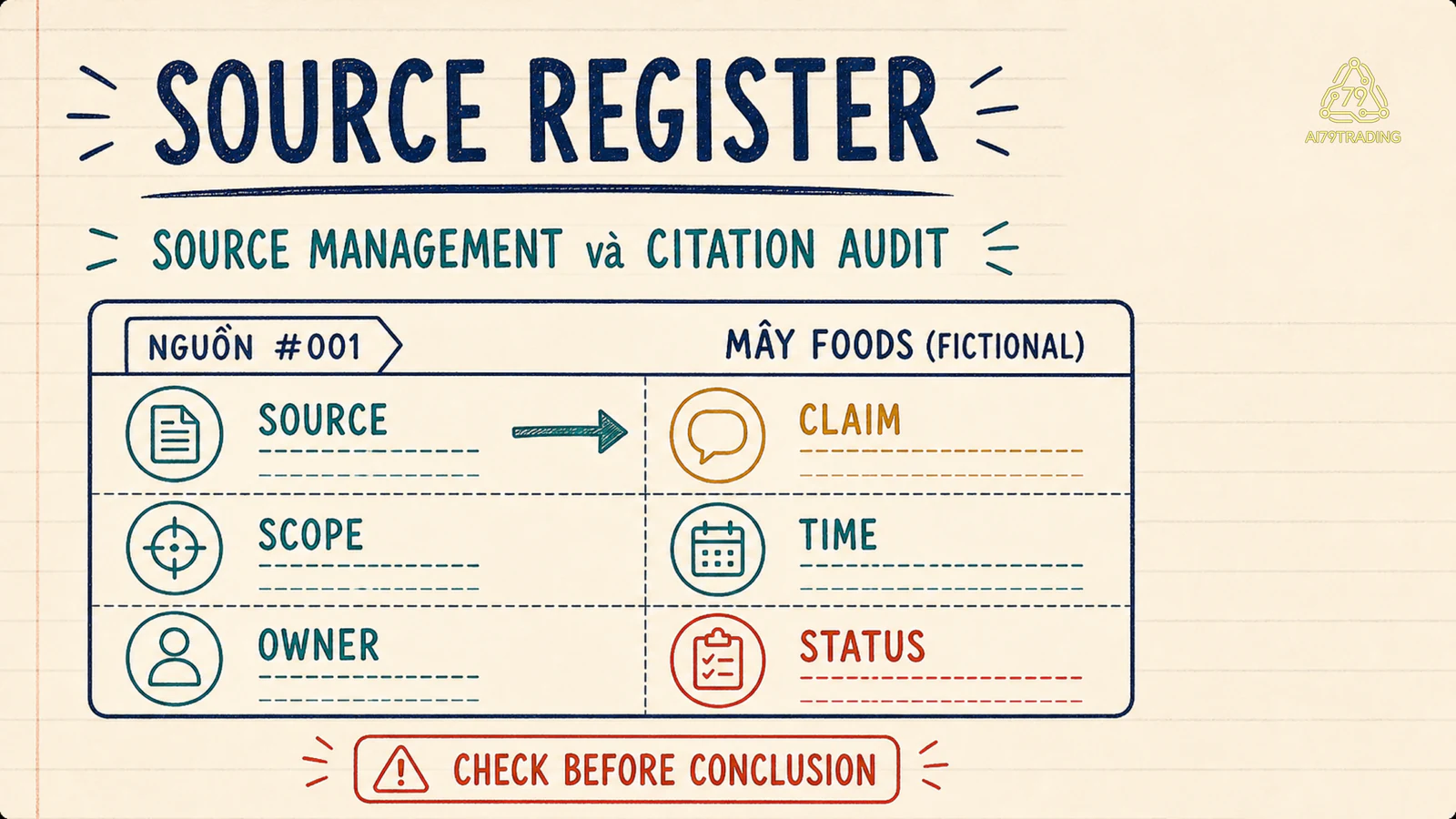 Source register gồm source, claim, scope, time, owner và status