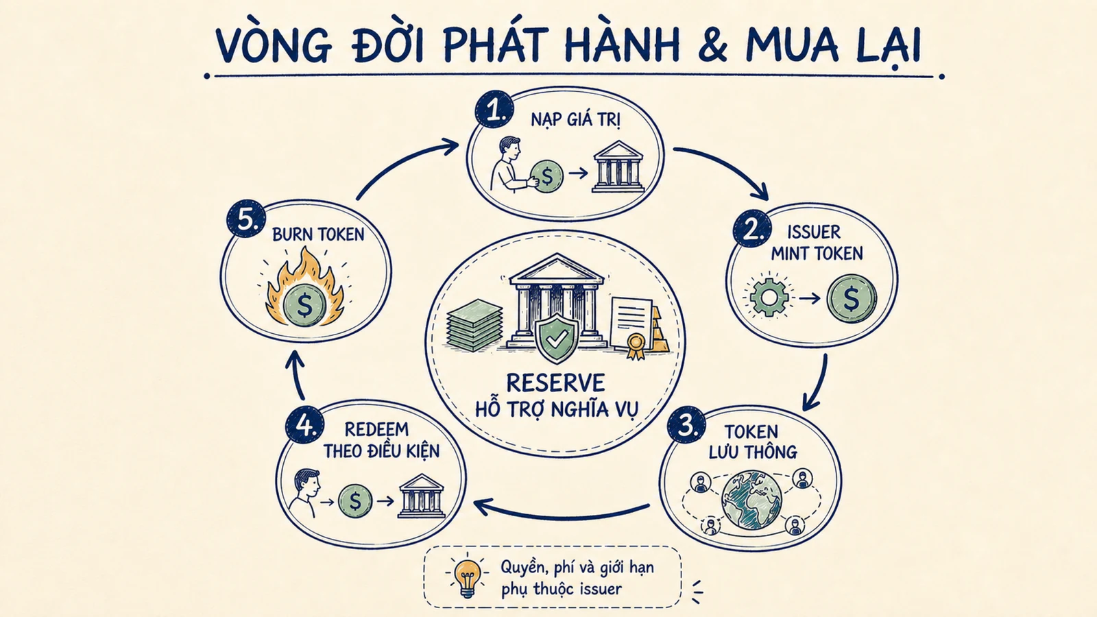 Vòng phát hành stablecoin gồm nạp giá trị, mint, lưu thông, redeem và burn
