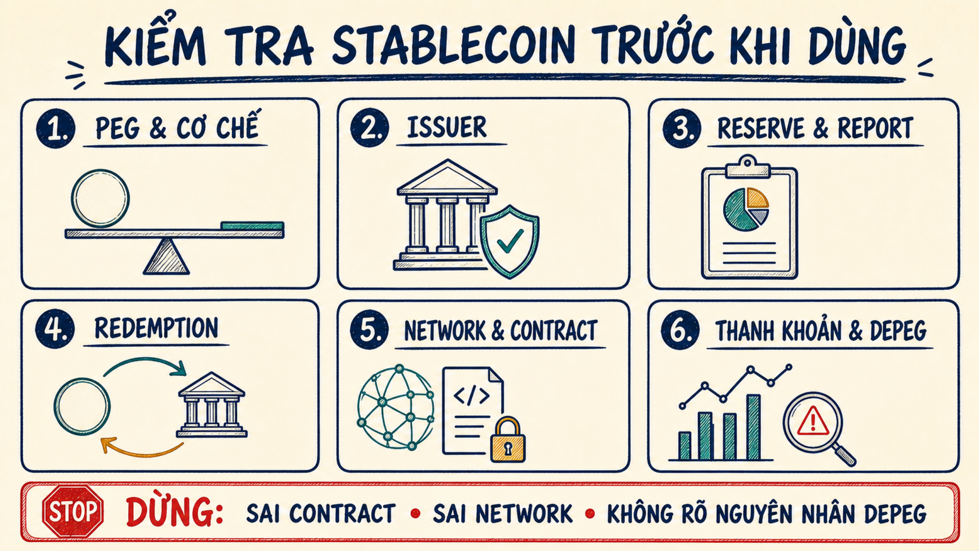 Checklist kiểm tra peg, issuer, reserve, redemption, network, contract và tín hiệu dừng