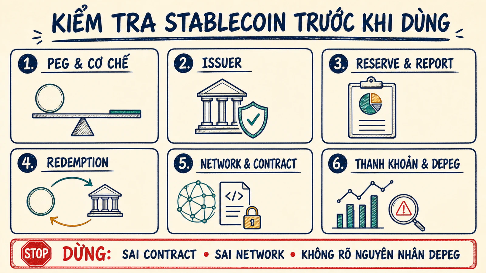 Checklist kiểm tra peg, issuer, reserve, redemption, network, contract và tín hiệu dừng