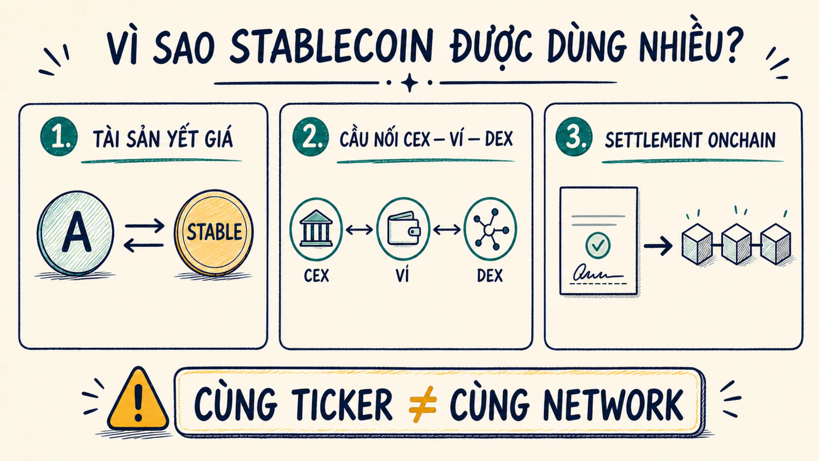 Ba vai trò của stablecoin gồm tài sản yết giá, cầu nối nhiều network và settlement onchain