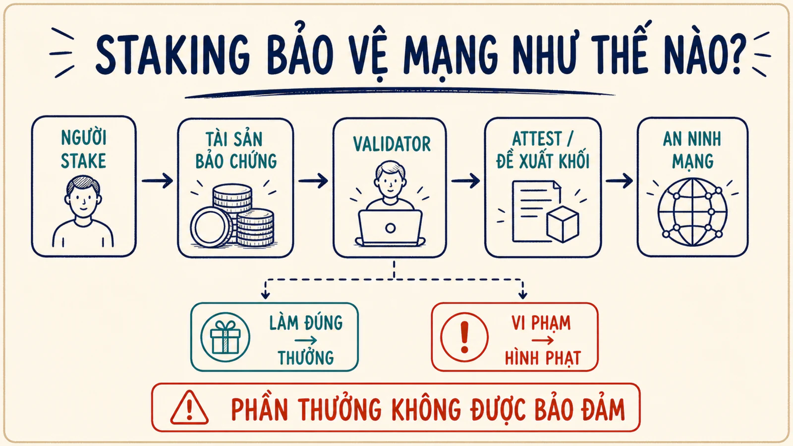 Sơ đồ cốt lõi về staking, validator, an ninh mạng, phần thưởng và hình phạt